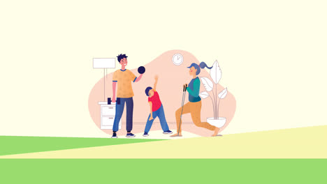 animation of family exercising at home on green background