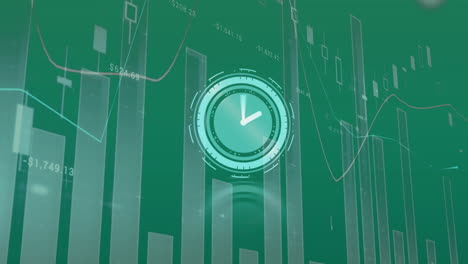 animación digital del reloj de neón y procesamiento de datos estadísticos contra un fondo verde