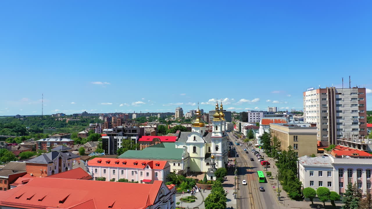 Vinnytsia, Ukraine cityscape on sunny bright day. Beautiful urban architecture around the river Pivdennyi Buh. Top view.