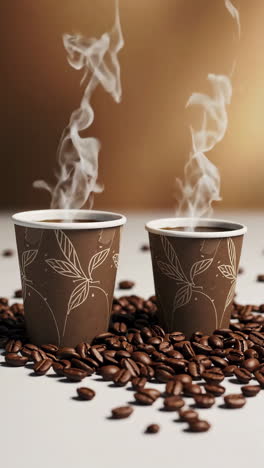 two steaming coffee cups with coffee beans