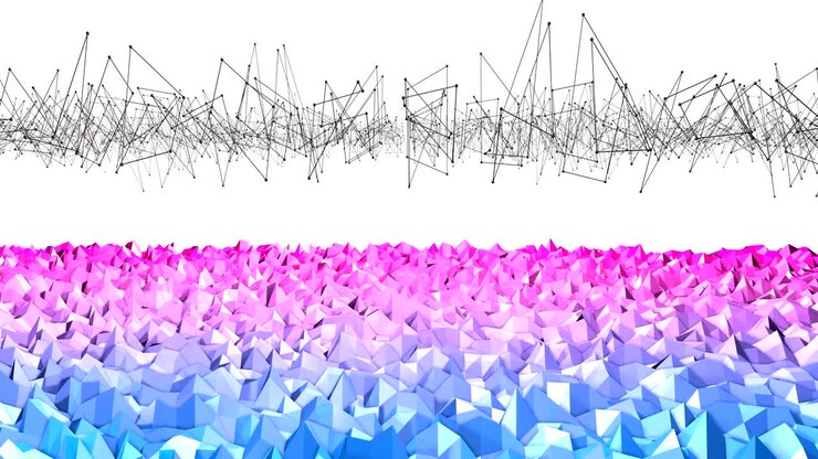 4k low poly background animation in loop. Seamless 3d animation in modern geometric low poly style with gradient colors. Creative simple background with grid. V 12 blue red plane with copy space