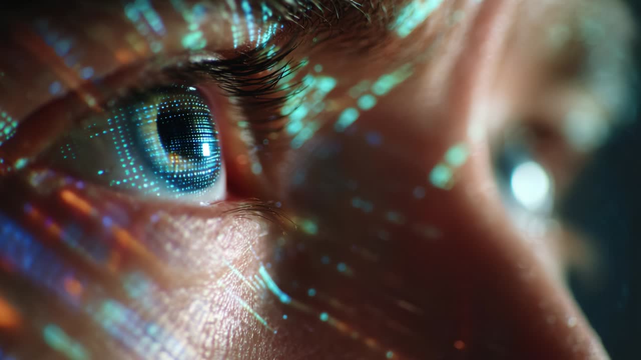 Close-Up of a Human Eye with an Intricate Digital Projection Reflecting Complex Patterns and Data Streams, Symbolizing the Intersection of Technology and Human Perception in a High-Tech Environment