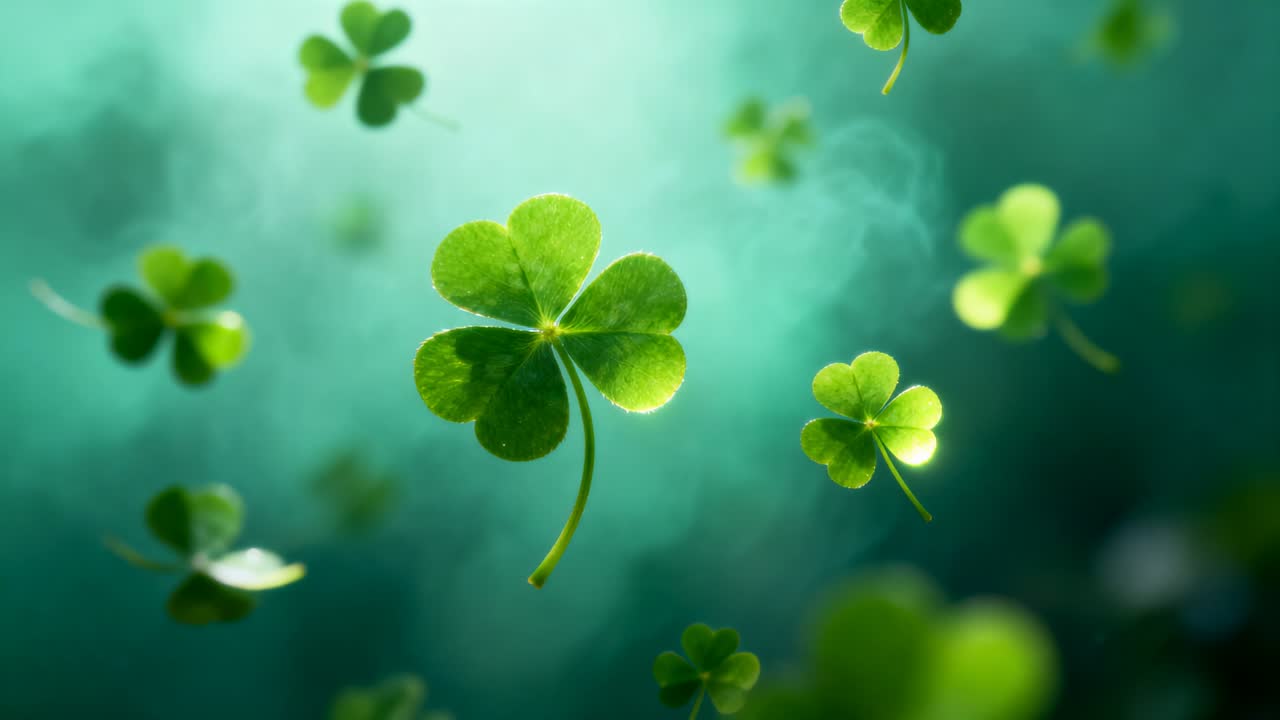 Single four-leaf clover drifting in macro green-teal field, breeze pushing dew-tipped leaves