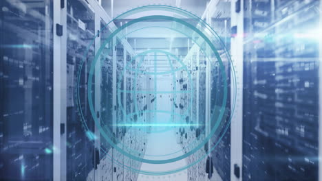 digital globe animation over servers in modern data center hallway