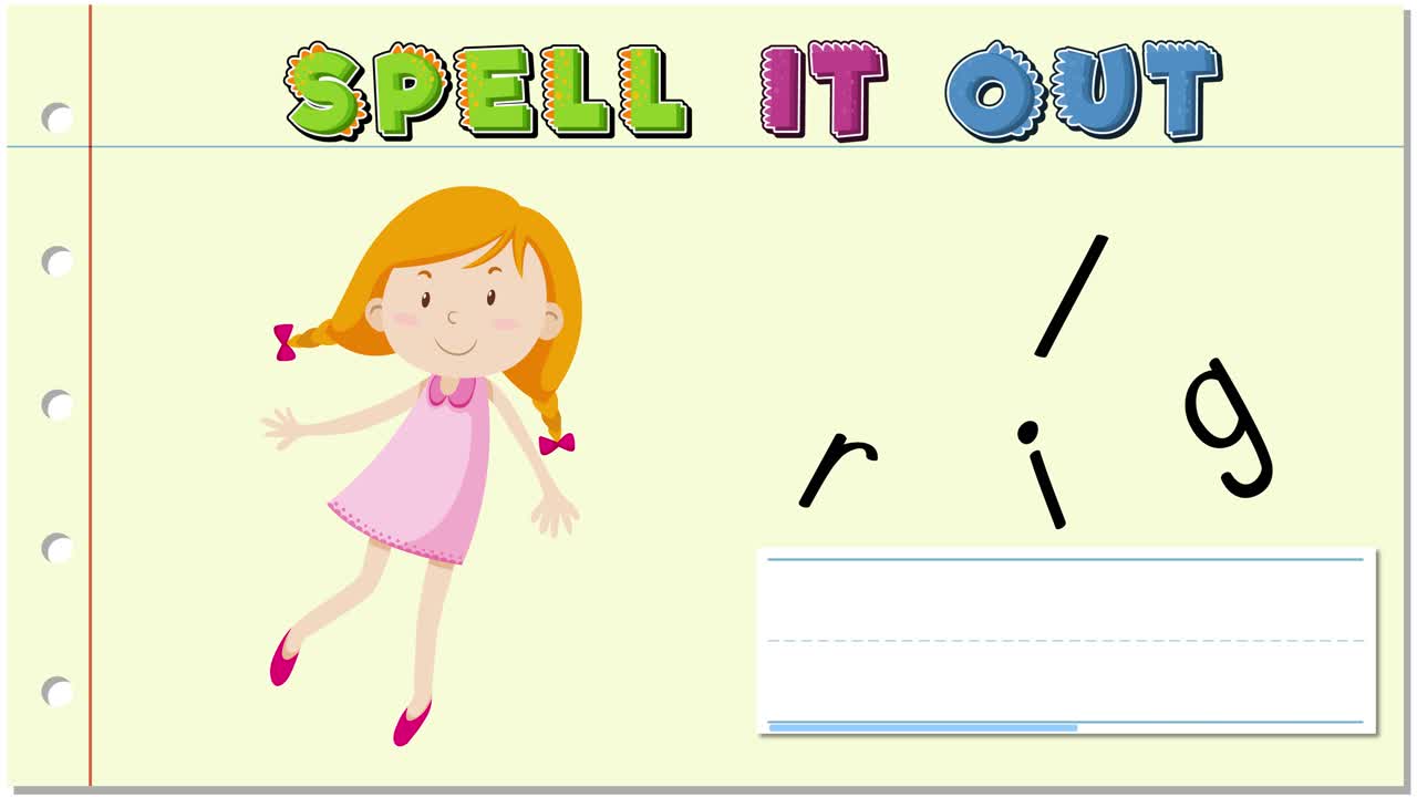 A colorful animation guiding viewers to spell 'girl' with an animated character, vibrant text, and engaging transitions