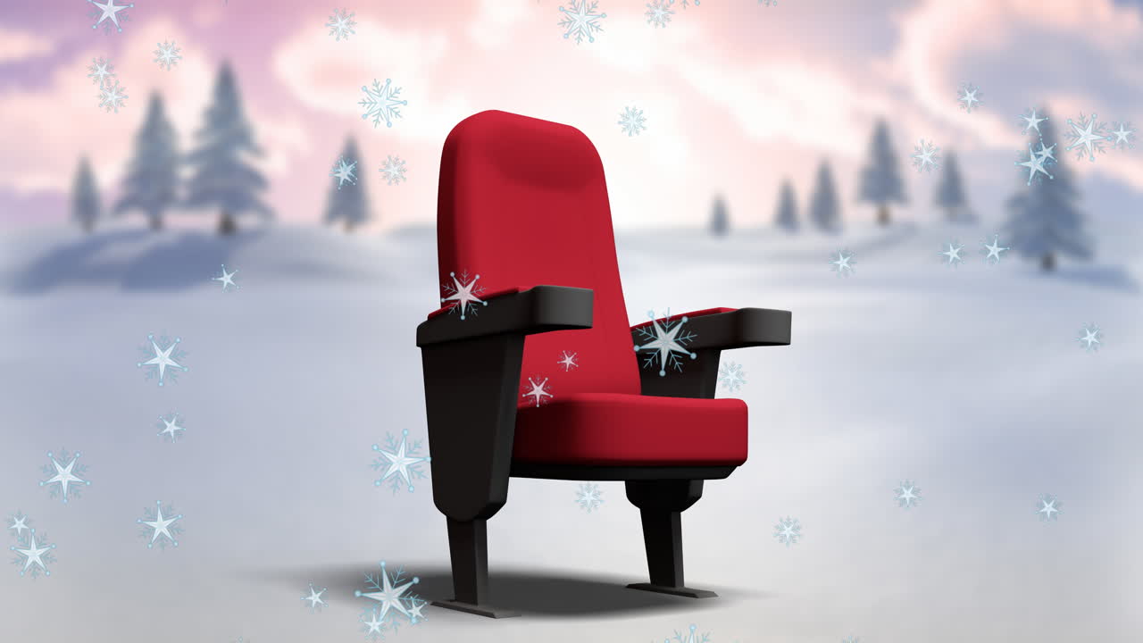 анимация снега, падающего на красный стул кинотеатра в зимнем пейзаже