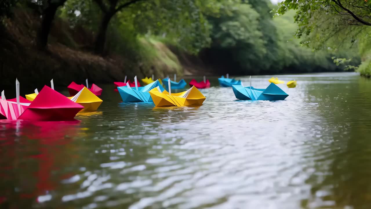 coloridos barcos de origami en un río