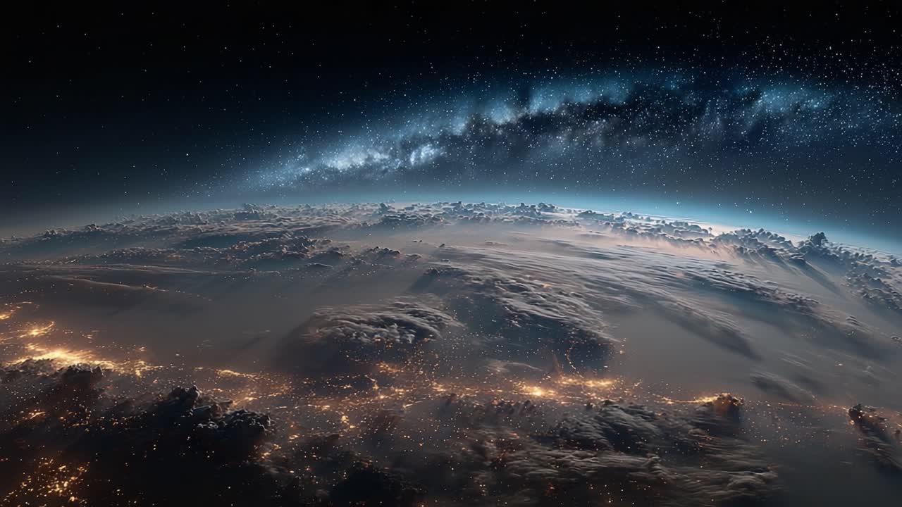 A Stunning View of Earth from Space: Capturing the Beauty of Our Planet with Illuminated Cityscapes and a Star-studded Sky Above, Evoking a Sense of Wonder and Exploration