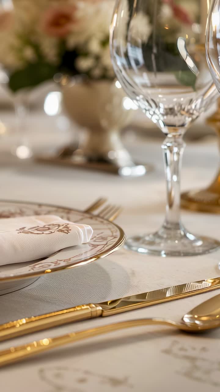 Vertical video: Camera panning across dining table, showing stemmed glass, plate, napkin for detail