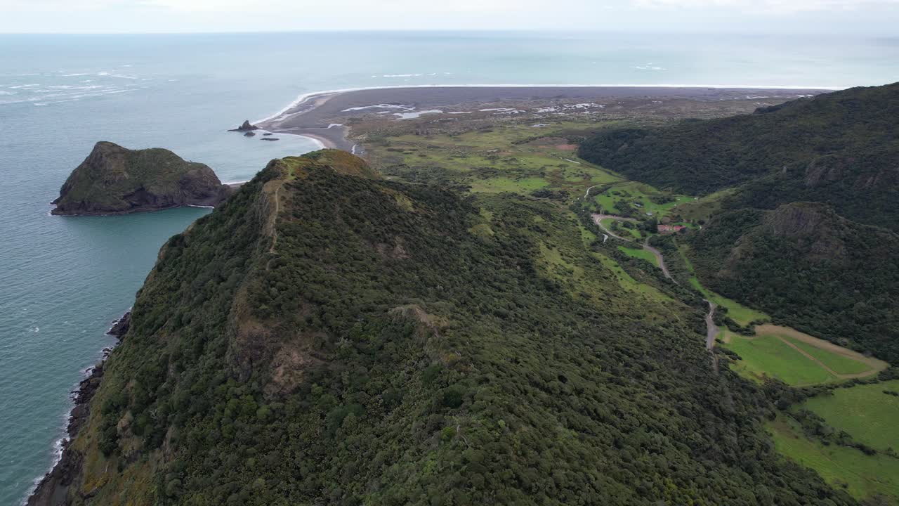 Omanawanui Track Overlooking Paratutae Island Near Whatipu Beach In Wonga Wonga Bay In Auckland, New Zealand. Aerial Shot