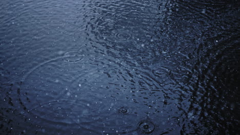 ripples appear on the surface of water as huge snowflakes fall into river in slow motion