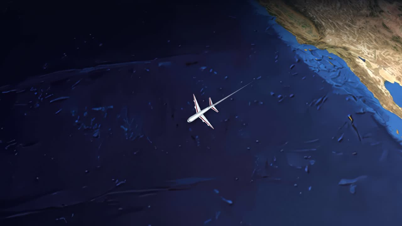 Animation i satellitperspektiv sporer et kommercielt fly, der flyver fra Denver over Stillehavet til Melbourne.