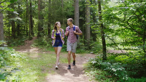 una pareja joven y atractiva está caminando por el bosque haciendo senderismo y un estilo de vida activo