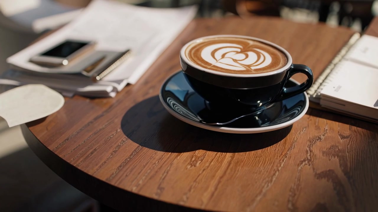 Nahaufnahme von Latte Art auf einer Kaffeetasse in einem modernen Café