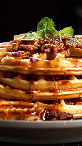 delicious stacked waffles drizzled with syrup and topped with pecans