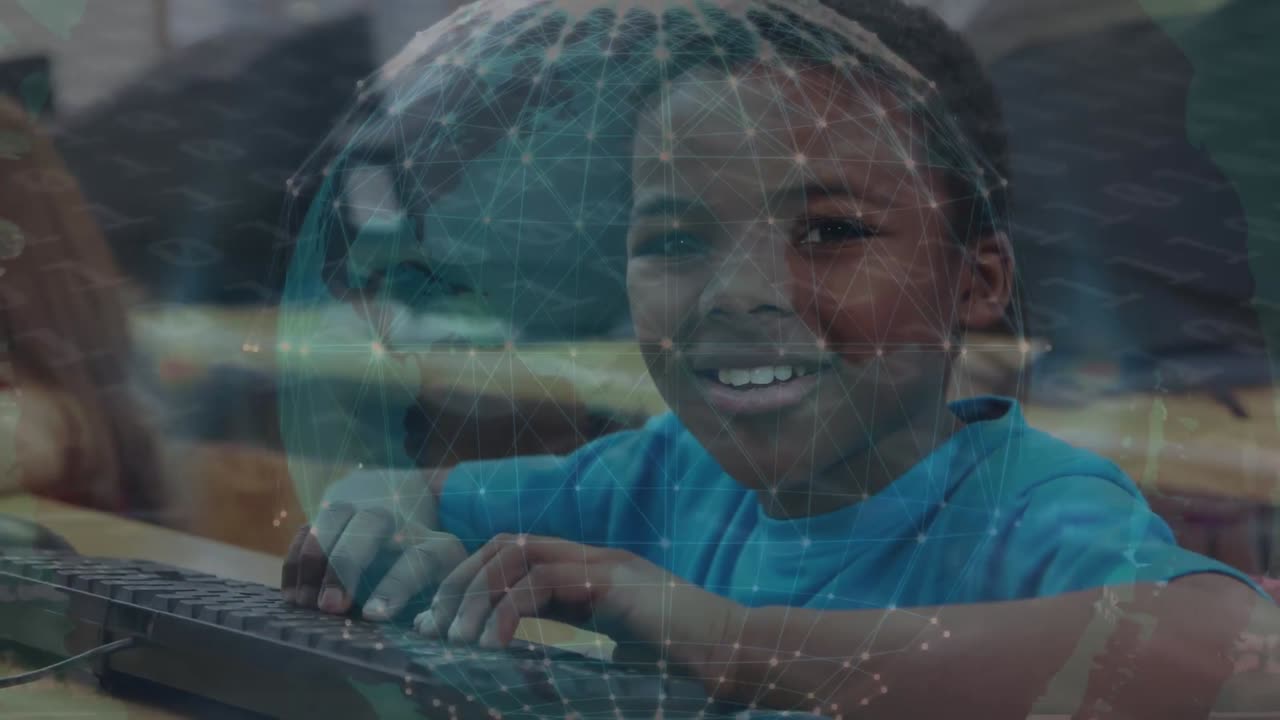 Animation of globe with connections over happy african american boy using computer