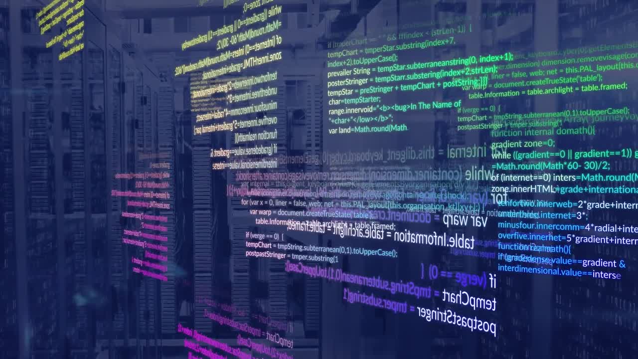 다채로운 컴퓨터 언어와 데이터 서버 랙에 대한 이진 코드의 애니메이션