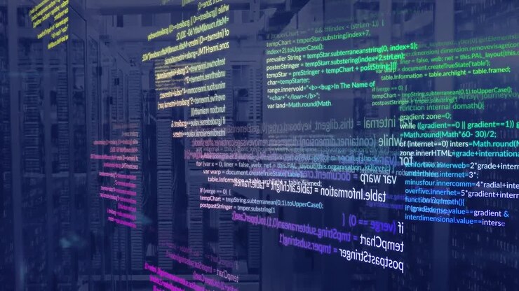 Animation of multicolored computer language and binary codes over data server racks
