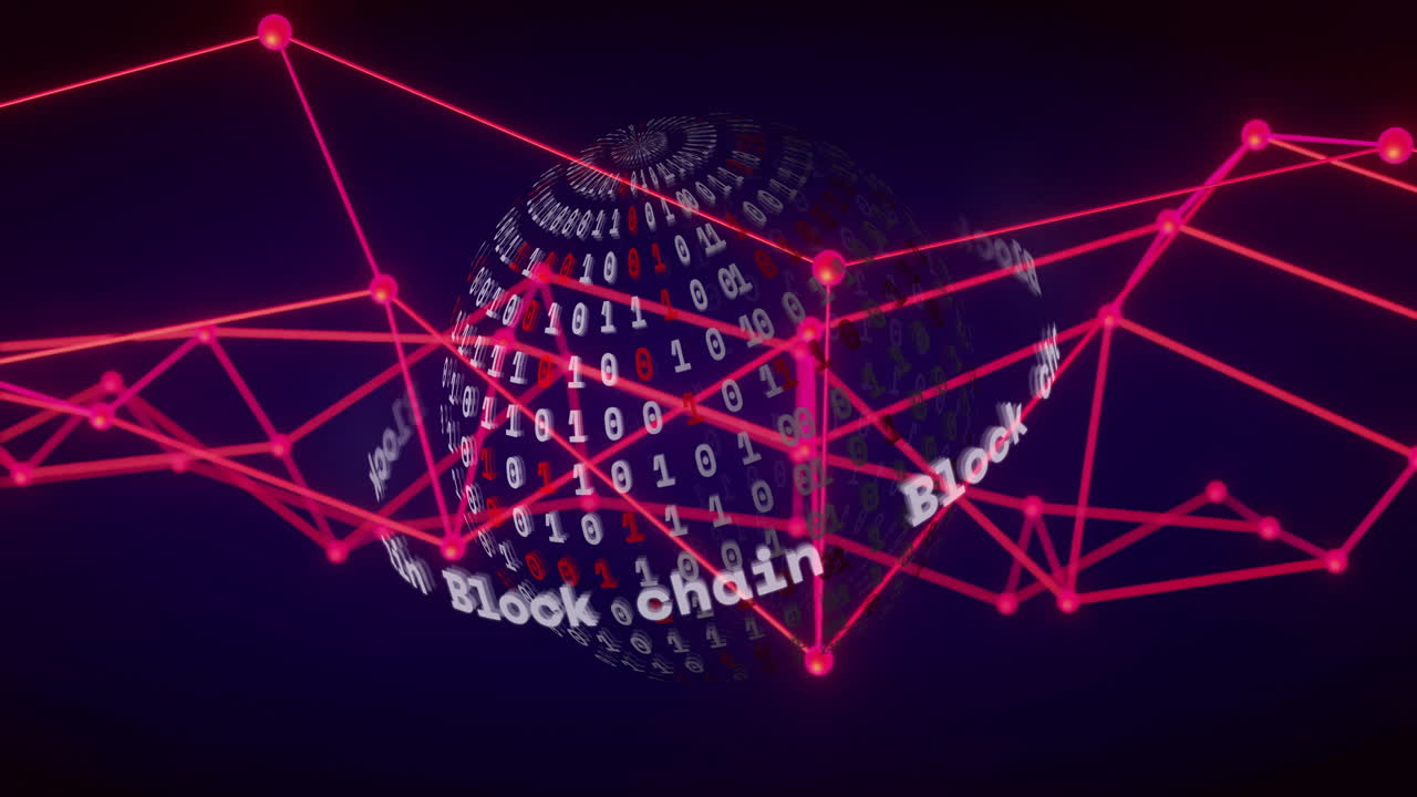 Blockchain text and binary code animation over globe with red network connections