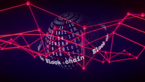 blockchain text and binary code animation over globe with red network connections