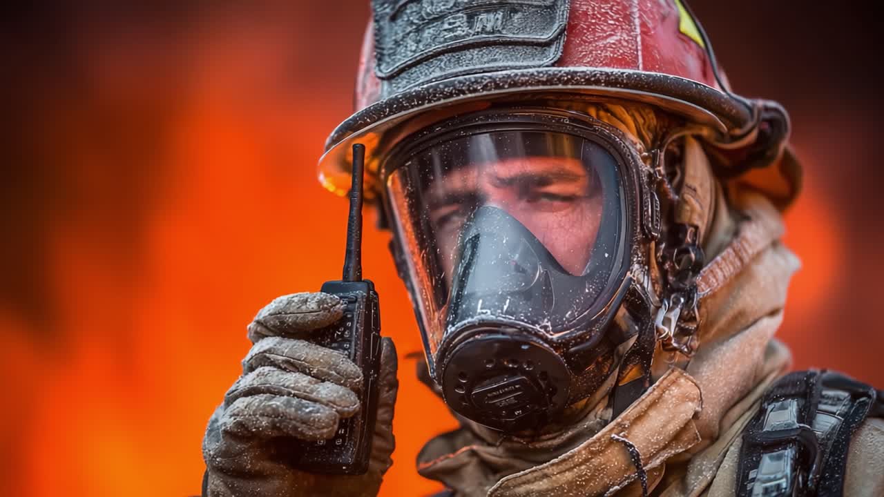 Pompier courageux en équipement de protection communiquant par radio au cœur d'un brasier intense, démontrant bravoure et engagement envers la sécurité dans les situations d'urgence.
