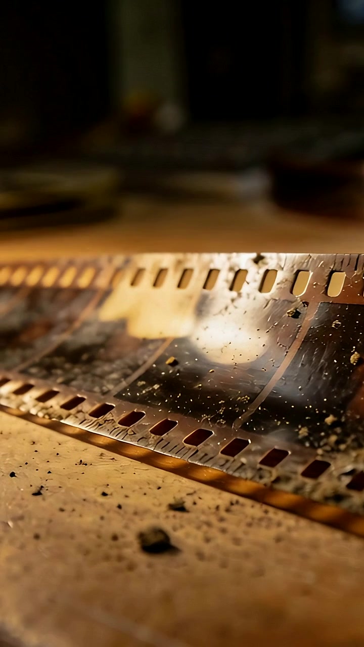 Vertical video: Sliding shot showing 35mm film on wood bench for inspecting dust and sprocket holes
