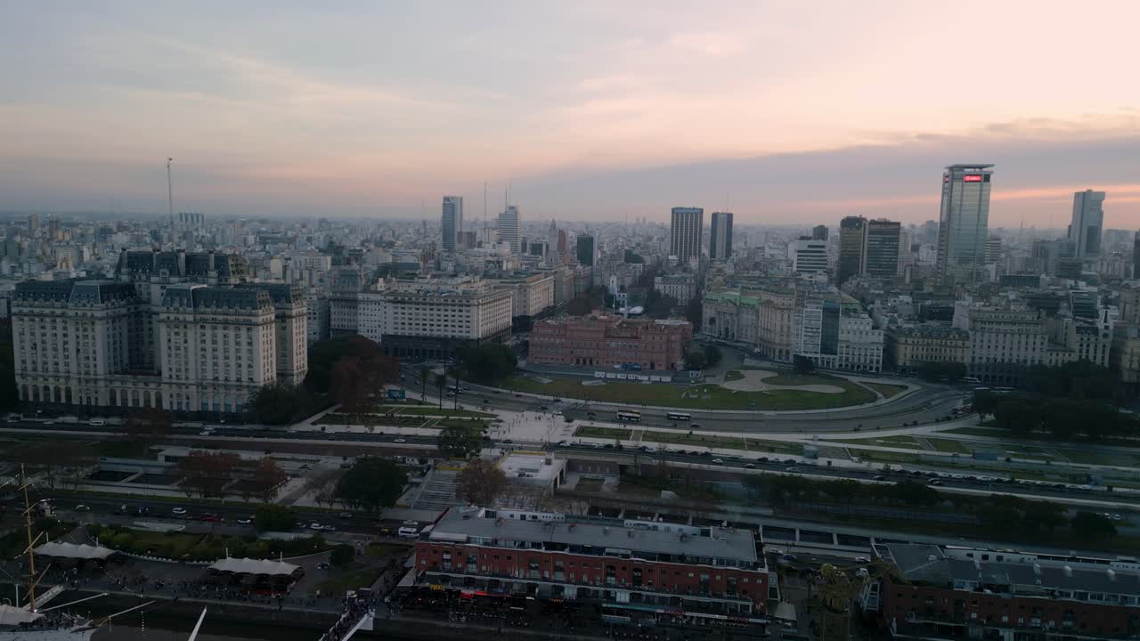 Aerila drone view at sunset of the government house and main square of Buenos Aires, Argentina