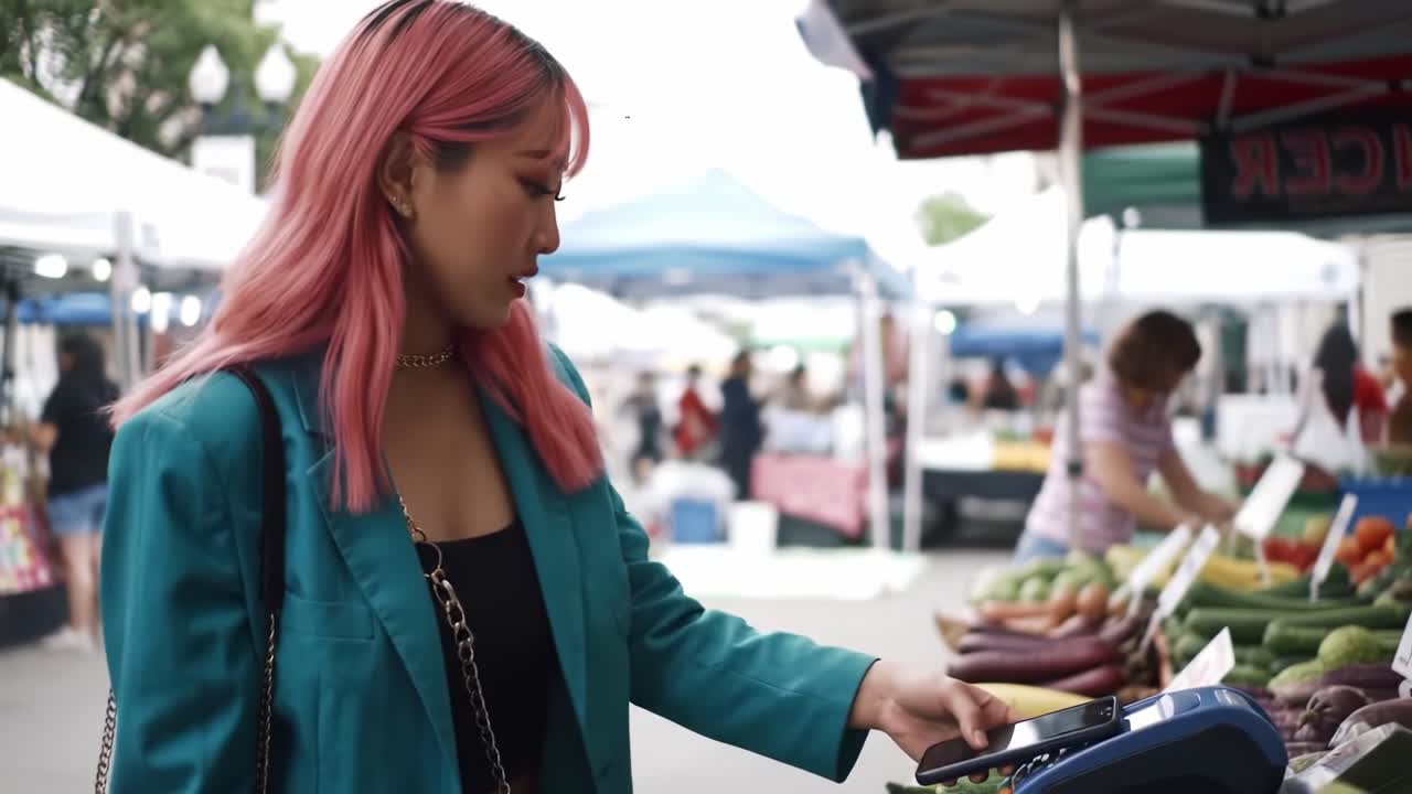 Exploring a Vibrant Farmers Market: A Young Woman in a Stylish Turquoise Blazer Engages in the Colorful World of Fresh Produce and Local Vendors