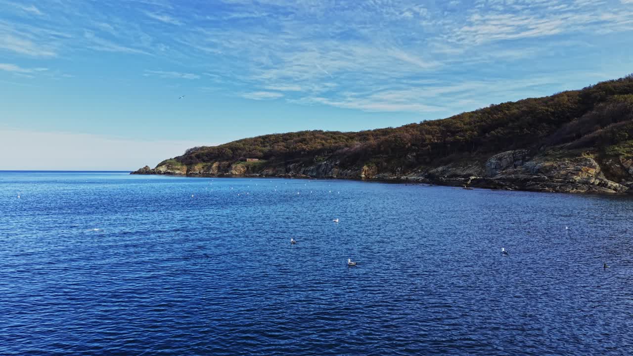 Aerial view of a serene coast with calm blue waters and lush hills