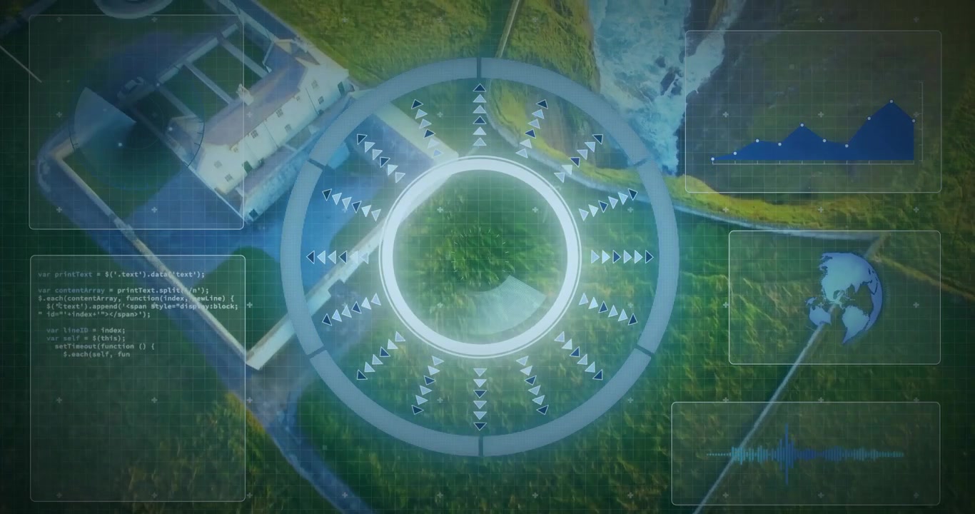 Recon drone initiating scan over coastal plaza, HUD overlay tracking mirror disk for surveillance