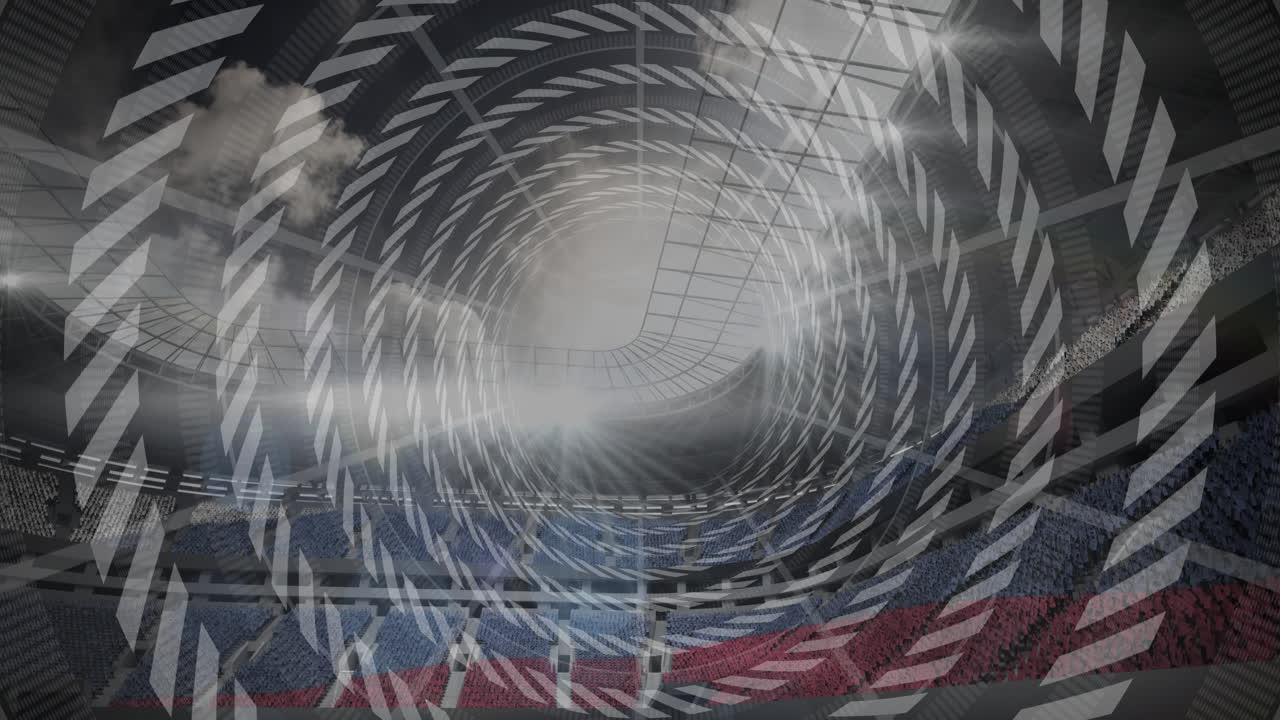 Animazione di motivo a spirale su sedili dello stadio e sfondo di cielo nuvoloso
