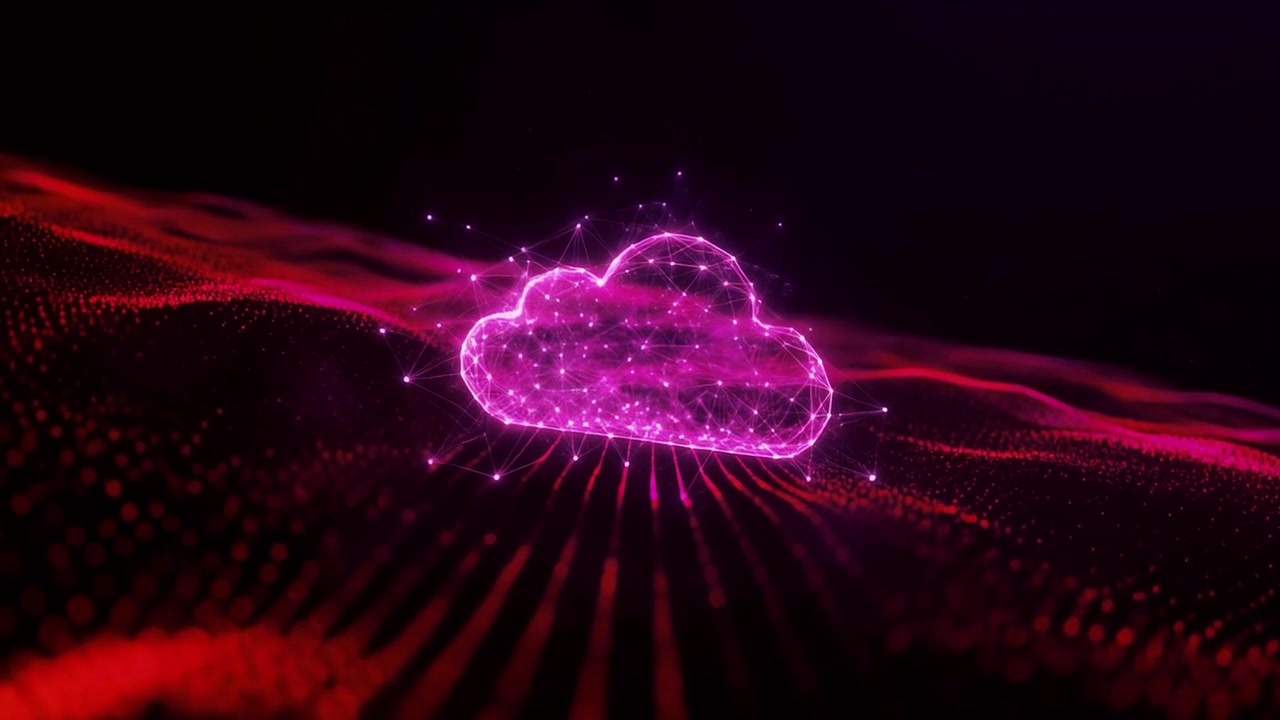 Pink Glowing Cloud Computing Symbol on Wavy Digital Surface