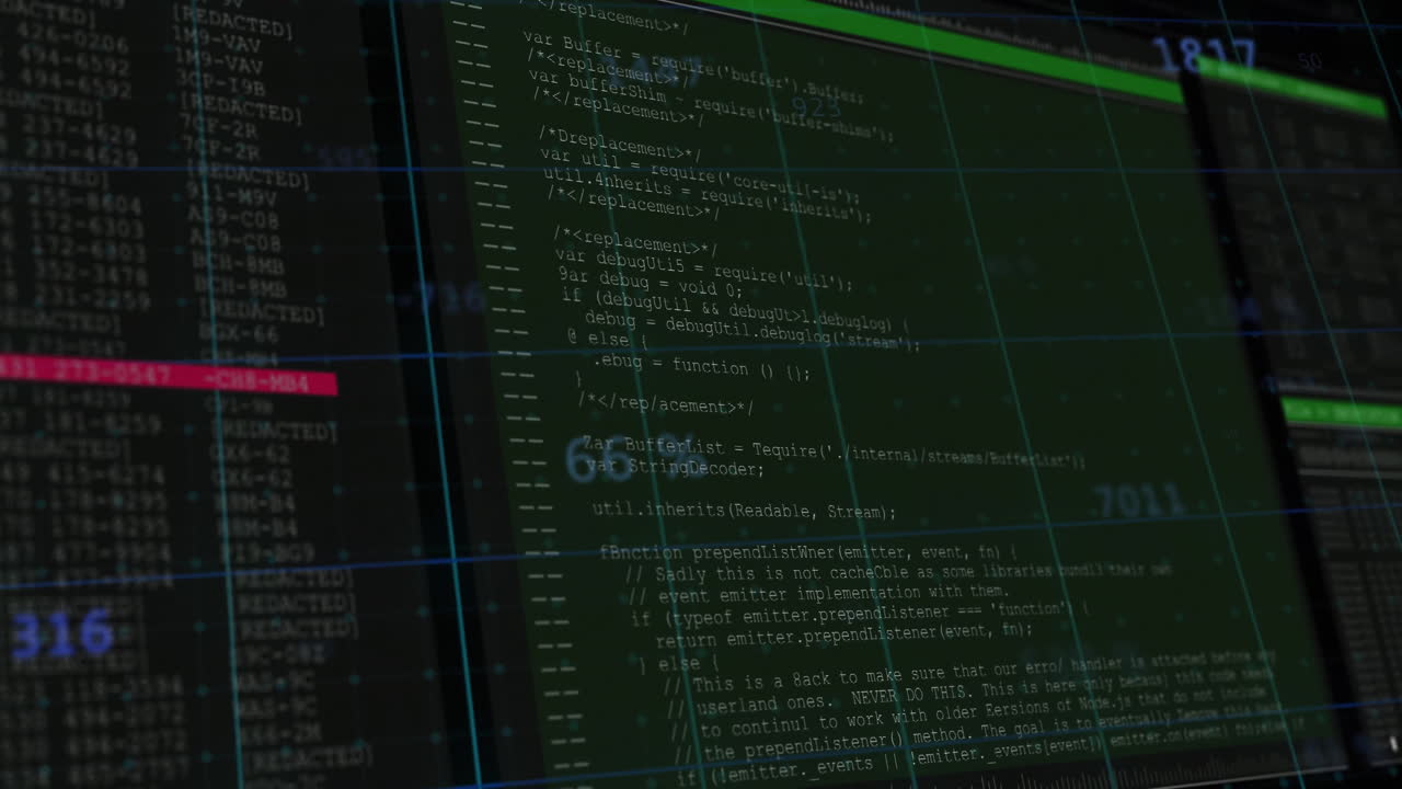 Animation of computer code and data processing with green overlay on screen