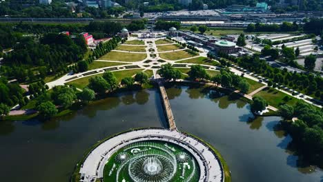 park with lake and train station aerial view