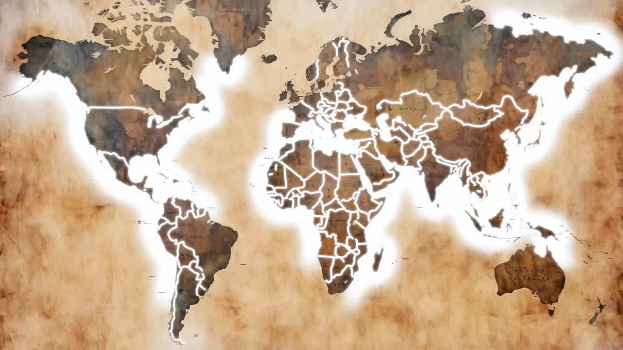 Vintage world map with highlighted borders, top-down angle