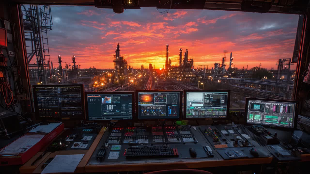 A Breathtaking View from the Control Room: The Overseeing of Industrial Operations Against a Captivating Sunset Backdrop
