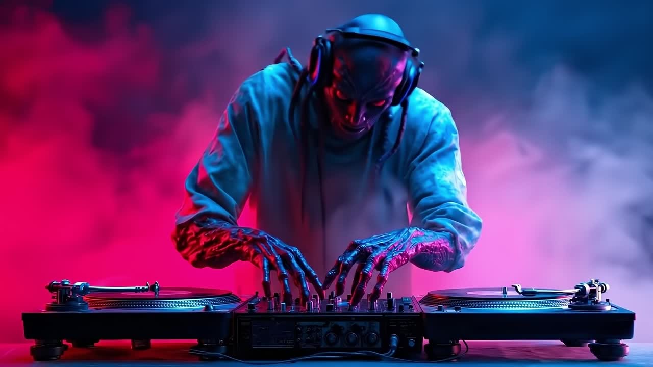 A man in a hoodie playing a dj set with headphones on