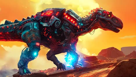 un dinosaurio con un robot en la espalda caminando por un terreno rocoso