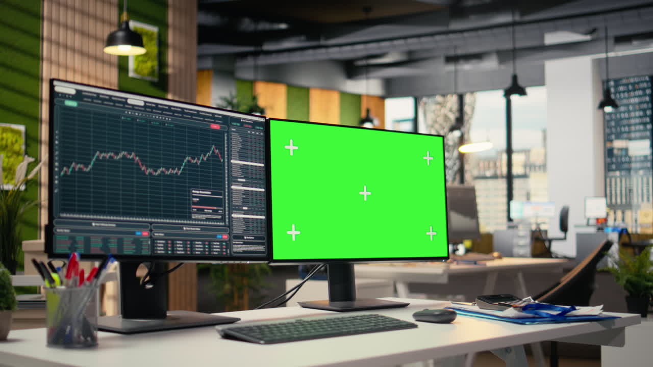 Stock market metrics charts displayed on green screen computer display