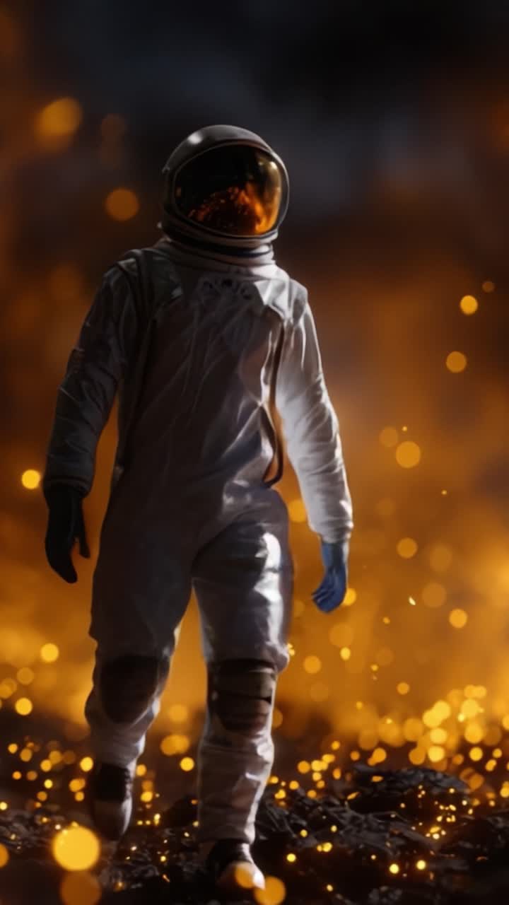 Un astronauta caminando por un paisaje ardiente, rodeado de brasas incandescentes y chispas, capturando la intensidad y el misterio de la exploración espacial y la aventura.