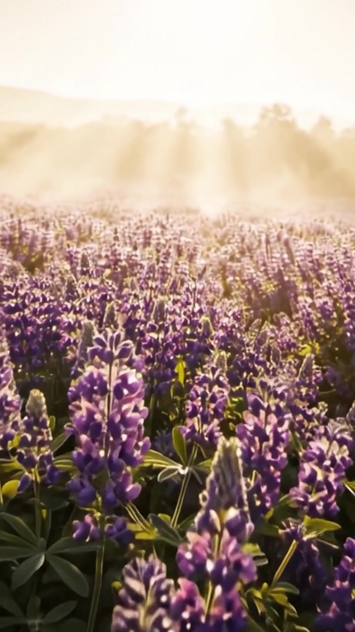 Una Bellissima Alba su un Campo di Fiori Viola in Fiore, Immersa nella Morbida Luce del Sole con una Leggera Nebbia, Creando un'Atmosfera Serena e Tranquilla per gli Amanti della Natura