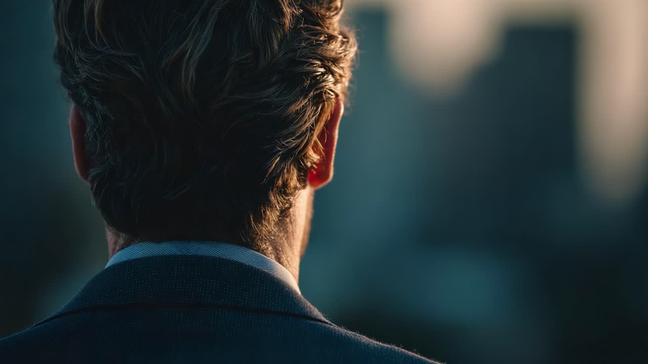A contemplative figure stands against a blurred backdrop, reflecting on life, ambition, and the journey ahead as the golden light highlights his thoughtful expression