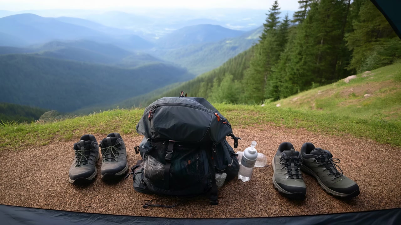 Zaino e scarpe su una collina erbosa, scena statica senza azione, con montagne sullo sfondo. Ripresa da una prospettiva a livello del suolo.