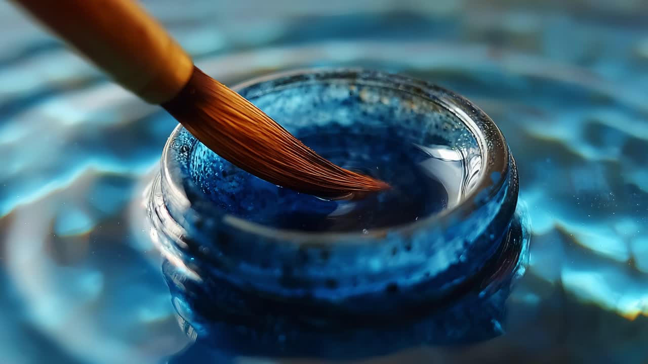 A close-up view of a paintbrush dipping into a vibrant blue paint jar, capturing the creative process of watercolor painting with swirling color reflections in the water