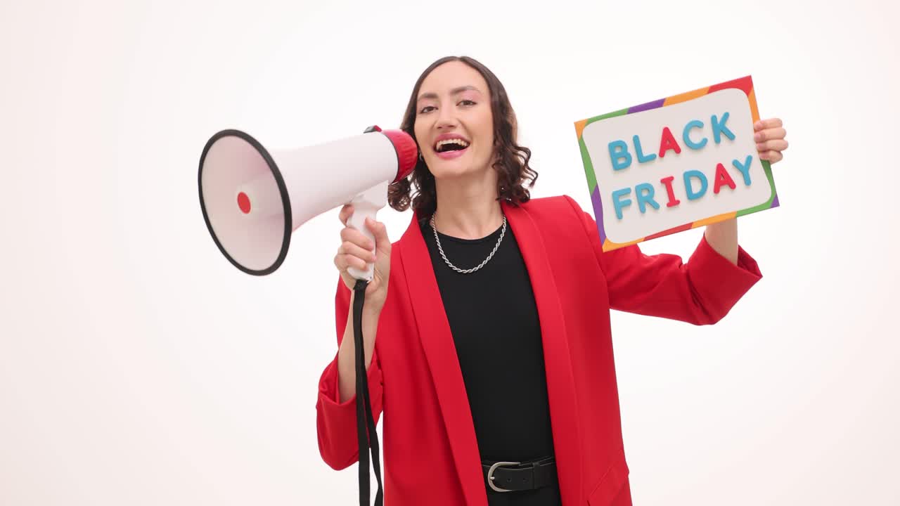 Woman announcing Black Friday sale with megaphone