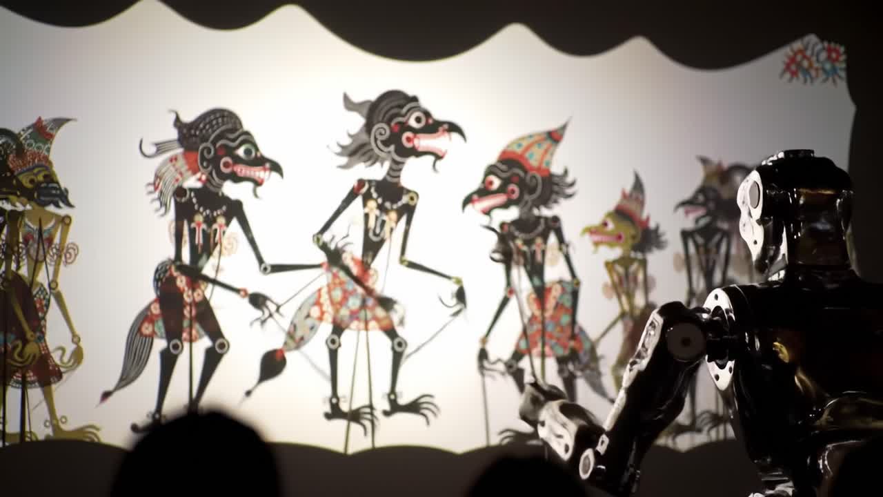 An automated performer interacts with shadow puppets in an innovative display. The traditional art form blends with technology, captivating an audience who watches intently.