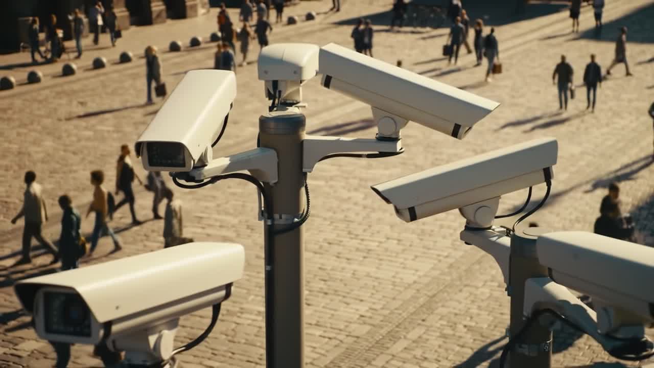 Surveillance Landscape: Overhead View of CCTV Cameras Monitoring Pedestrians in a Bustling Public Space During Daylight, Highlighting Security and Urban Activity