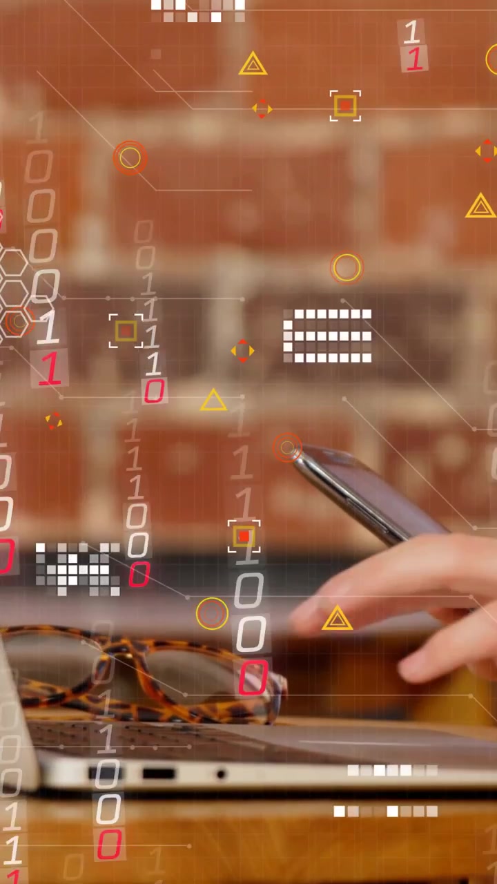 Vertical video: HUD appearing phone entering male hands tapping typing laptop sunglasses for tech