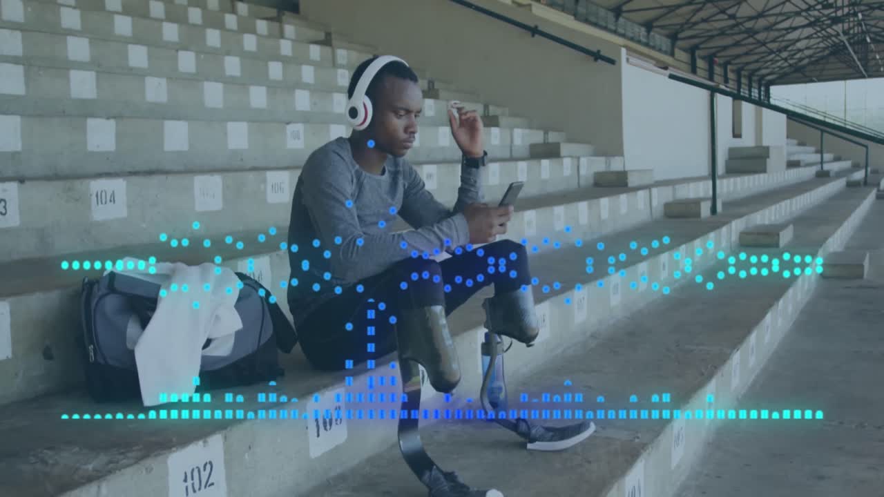 animación de columnas móviles sobre un hombre afroamericano discapacitado con piernas artificiales