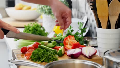 hombre cortando verduras en la cocina en casa 4k